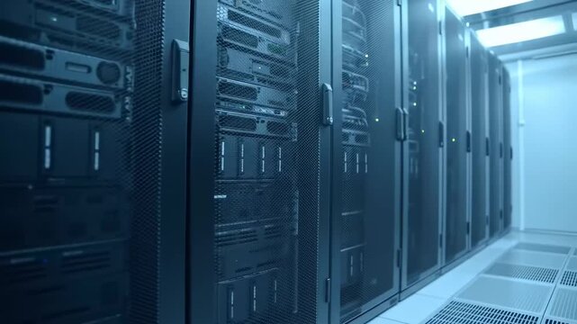 Rows of powerful servers in a modern data center, showcasing advanced technology and network infrastructure. - Powered by Adobe