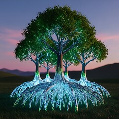 Enchanting glowing trees with vibrant roots illuminate a peaceful grassy field at dusk, perfect for adding a touch of magic to your next project