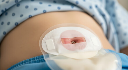 Close-up of a patients abdomen with a gastrostomy tube.