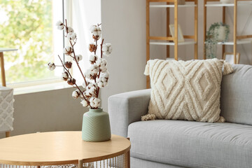 Vase with cotton flowers on table in modern living room