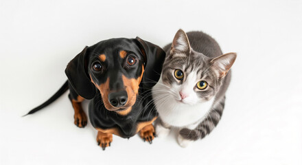 Cute cat and dog looking up together on white background, top view