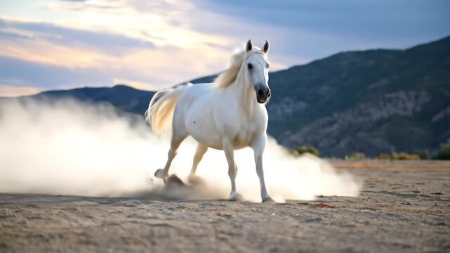 Majestic white horse galloping in a sunlit landscape