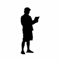 Silhouette of an engineer reviewing structure with tablet and digital plan isolated on white background