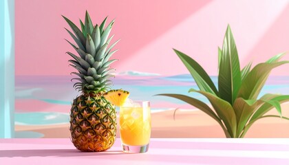 Exotic summer vacation concept featuring a fresh pineapple and a cold drink on a table overlooking a tranquil ocean with a pink sunset