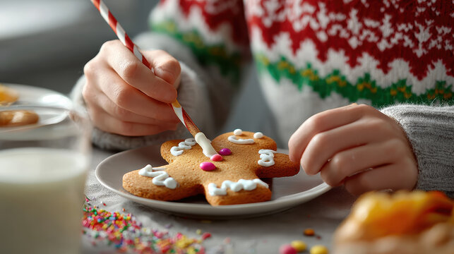 Child hand carefully decorating homemade gingerbread cookie with icing. festive Christmas holiday activity showing concentration and fun