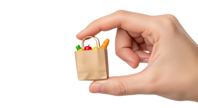 Human Hand Holding Tiny Brown Paper Grocery Bag with Miniature Food Items