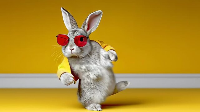 A cartoon rabbit wearing sunglasses and a yellow sweater dances against a yellow background.