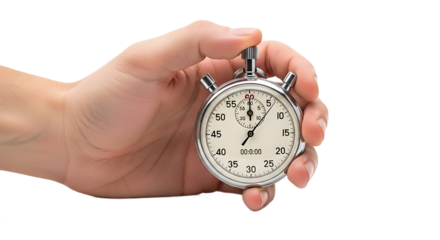 Human Hand Pressing Classic Stopwatch Button on Isolated White Background