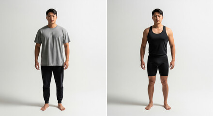 Before and after body transformation of man on white background, male fitness and weight loss comparison