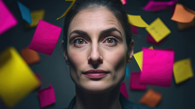 Stressed executive woman overwhelmed by chaos from adhesive note reminders. business professional feeling pressure from looming deadline
