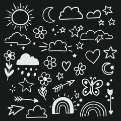 Collection of hand drawn white chalk doodles on a black background featuring celestial bodies and nature elements