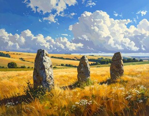 Scenic landscape of ancient standing stones in a field under a bright blue sky