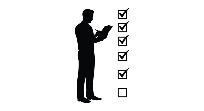 Silhouette of businessman diligently checking off tasks on a to-do list with multiple completed items and one pending item on a clean surface
