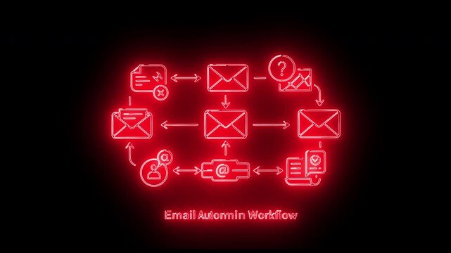 Glowing red neon diagram illustrating an automated email processing and communication workflow on a dark background
