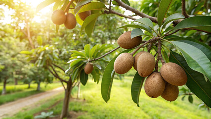Sapodilla fruit hanging on the tree in the garden, also known as chikoo, sapote, or naseberry, with green leaves and sunlight