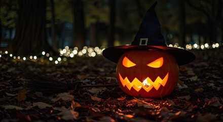 Illuminated carved pumpkin, adorned with a witch's hat, rests on autumnal forest floor, showcasing a spooky Halloween ambiance.