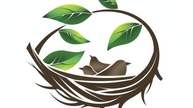 Birds Nest Graphic with Green Leaves on White Background