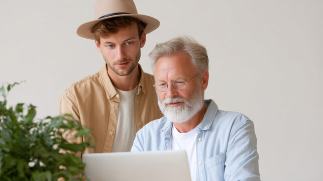 Focused senior mentor guiding young designer, two man working with teamwork and collaboration on laptop showing professional support
