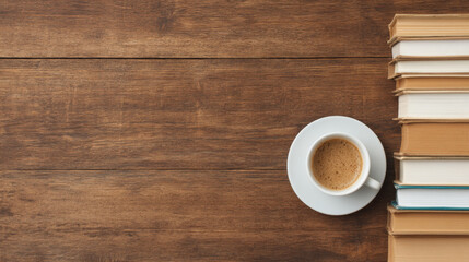 Flat lay of desk with stack of books alongside warm coffee makes you desire to read more, or cozy up with good book during quiet study session