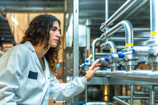 Woman engineer checking machinery in food processing factory
