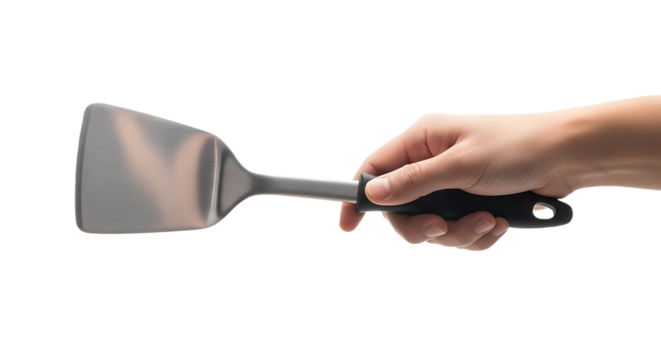 Persons Hand Holding a Shiny Metal Kitchen Spatula on a White Background