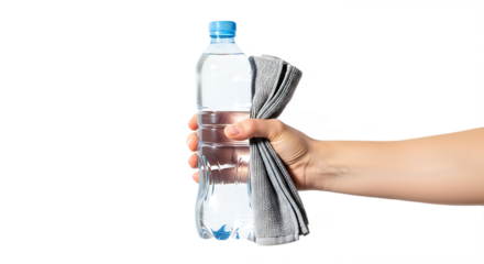 Refreshing Water Bottle in Hand with Towel Against White Background