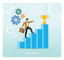 Motivation concept. Businessman Climbing Bar Chart Toward Trophy.