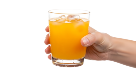 Hand Holding a Refreshing Glass of Orange Juice with Ice Cubes