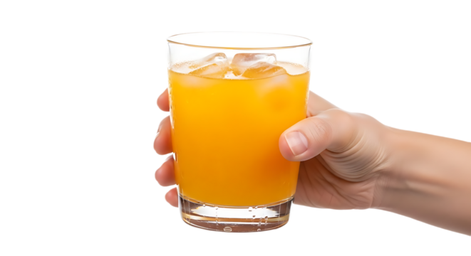 Hand Holding a Refreshing Glass of Orange Juice with Ice Cubes
