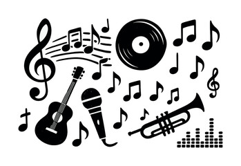 Fototapeta premium Vector Black music icons featuring guitar, microphone, trumpet, and musical notes