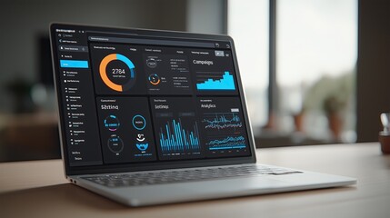 A sleek laptop displays a futuristic financial dashboard with glowing charts, metrics, and income analytics against a dark background — ideal for tech, finance, or data visualization concepts.