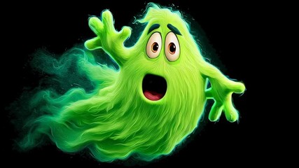 A cartoonish green ghost with a surprised expression on a black background. - Powered by Adobe