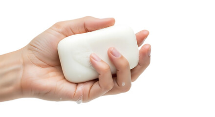 Womans Hand Holding White Soap Bar with Suds and Water Drops