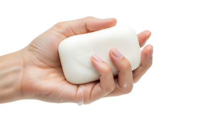 Womans Hand Holding White Soap Bar with Suds and Water Drops