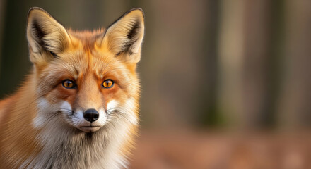 Fototapeta premium Cinematic close-up portrait of a beautiful red fox looking at the camera in the forest