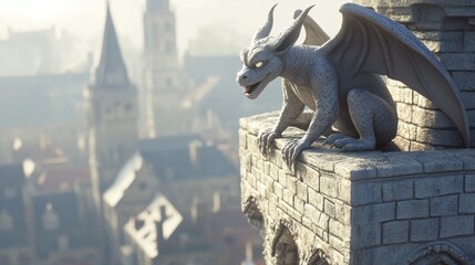 Naklejka premium A stone gargoyle sits majestically on a Gothic rooftop, gazing over a mystical cityscape. Mist envelops the towers, enhancing the enchanting atmosphere.