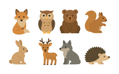 Fototapeta premium Vector Cartoon forest animals set: fox, owl, bear, squirrel, rabbit, deer, wolf, hedgehog