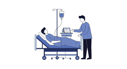 Patient recovering in hospital bed receiving medical care from nurse or doctor illustration with iv drip and monitoring equipment
