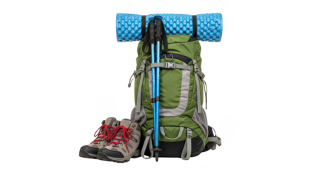 Hiking Backpack Trekking Poles And Boots On Black Background