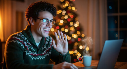 Cinematic happy man on a video call with family during a cozy christmas eve at home