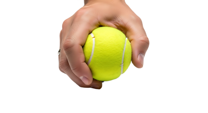 Athletes Hand Gripping a Vibrant Yellow Tennis Ball Against White - Powered by Adobe