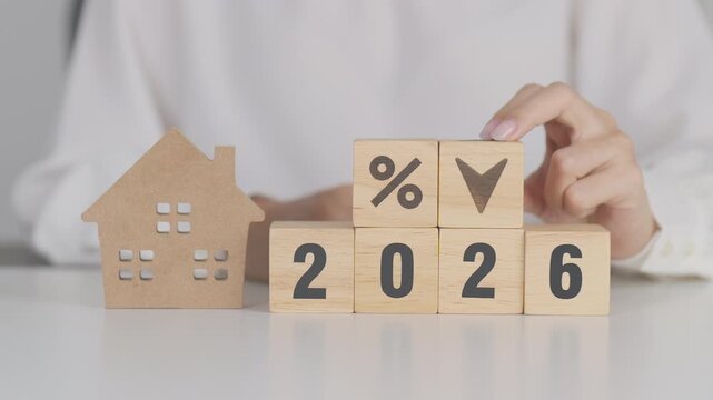 2026 New Year with percentage change to UP and Down arrow with Home model. Real estate Mortgage, Refinance, House loan and debt, Interest rate, Insurance, Financial and Property Tax