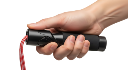Close up of a Hand Holding a Black Jump Rope Handle with Red Cord