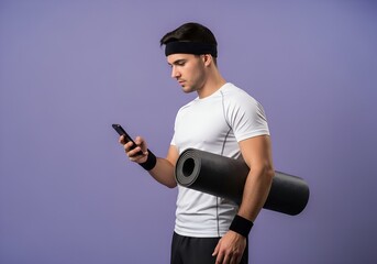Young fitness trainer instructor sporty man sportsman wear headband t-shirt training in home gym hold yoga mat use mobile cell phone isolated on plain purple background.