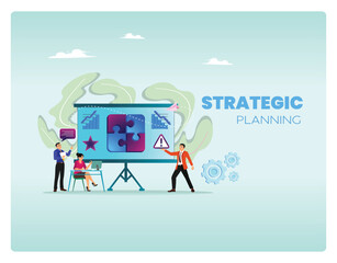 Strategic Planning Team Presentation With Puzzle Pieces And Graphs On A Large Screen.