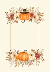 Watercolor frame with pumpkins, fall floral bouquets, and a black pilgrim hat on a cream background