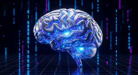 Abstract 3d render of a glowing digital brain with binary code symbolizing artificial intelligence and machine learning