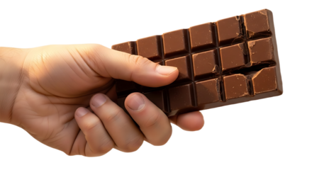 Close up of a Hand Holding a Partially Broken Milk Chocolate Bar