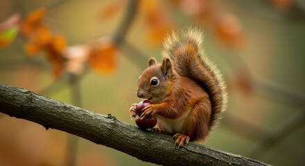 A charming red squirrel, with its bushy tail, sits on a branch, happily consuming a chestnut. Autumnal colors and a soft focus highlight the delightful scene.