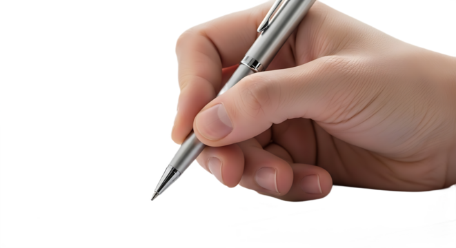 Close up of a Hand Holding a Sleek Silver Pen, Writing on a White Document